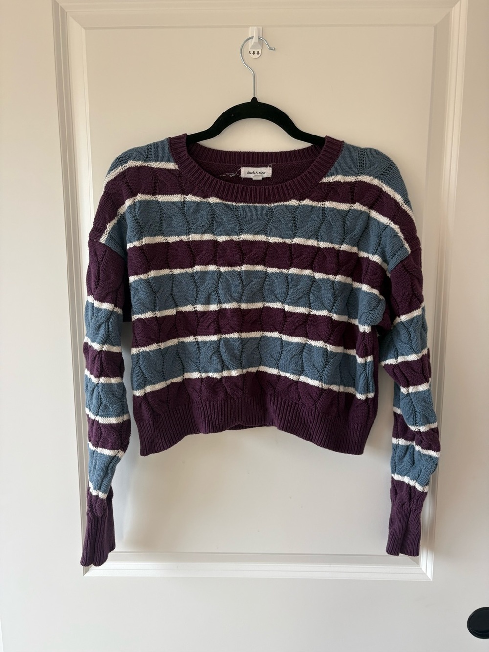 Striped Cable-Knit Cropped Sweater in Plum and Dusty Blue